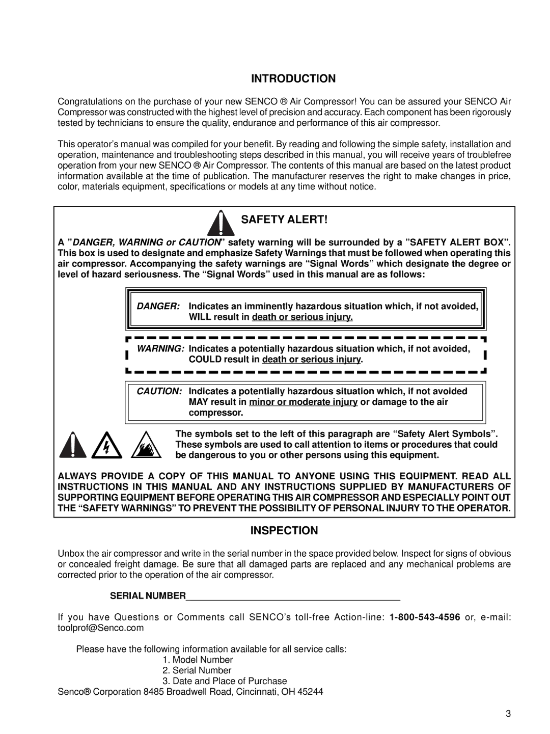 Senco PC1001 operating instructions Introduction, Safety Alert, Inspection 