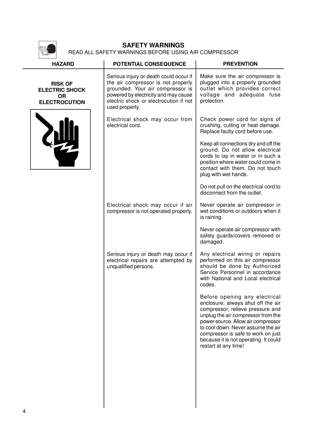 Senco PC1001 Safety Warnings, Hazard Potential Consequence Prevention, Risk, Electric Shock, Electrocution 