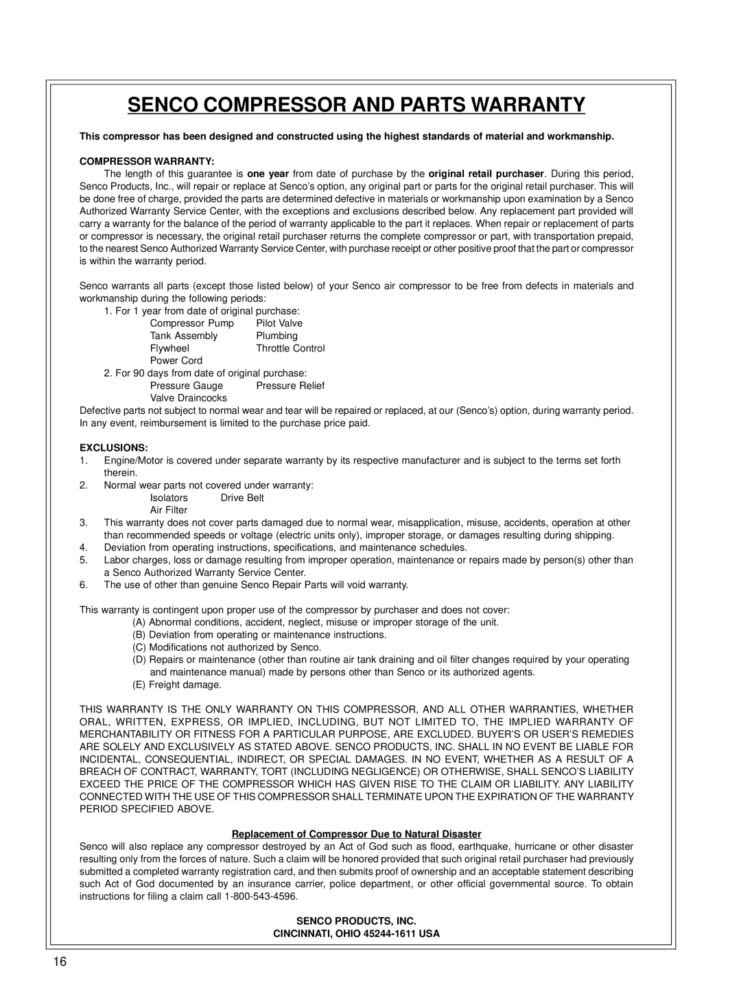 Senco PC1005 operating instructions Senco Compressor and Parts Warranty 