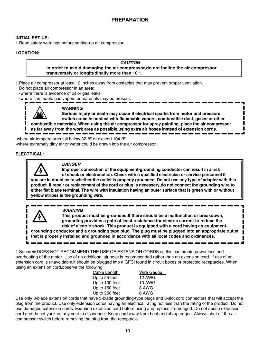 Senco PC1010 operating instructions Preparation, Initial SET-UP, Location, Electrical 