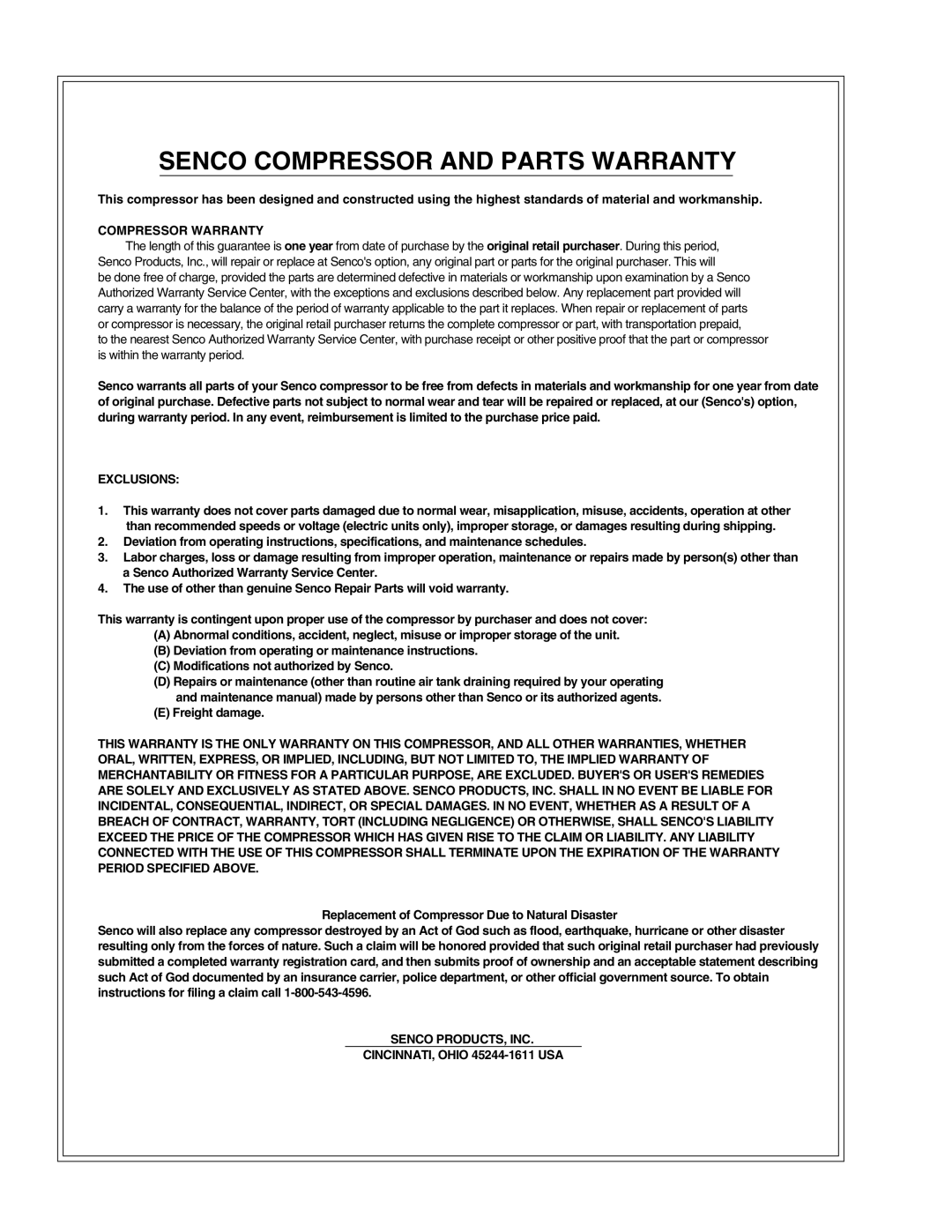 Senco PC1010 operating instructions Senco Compressor and Parts Warranty 