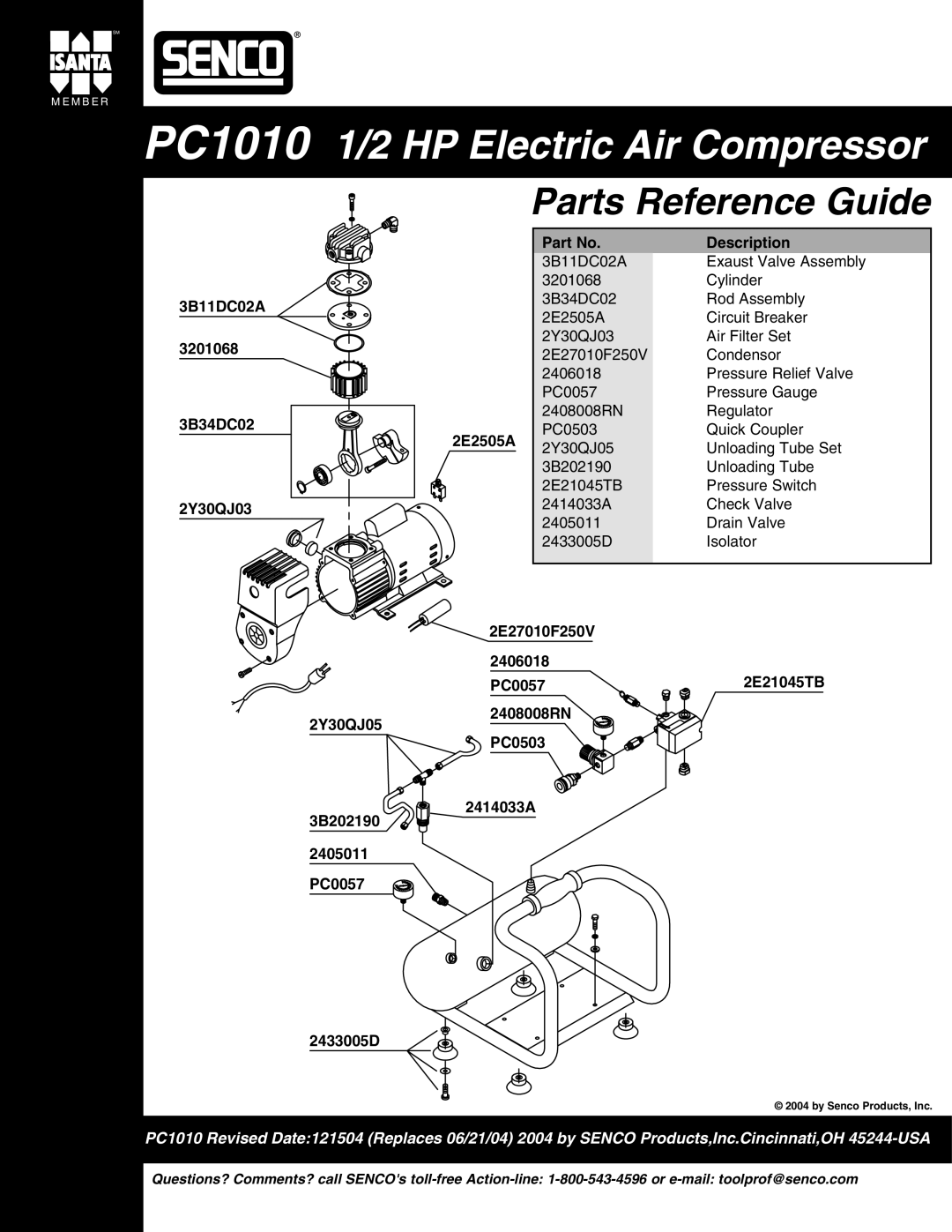 Senco operating instructions PC1010 1/2 HP Electric Air Compressor 