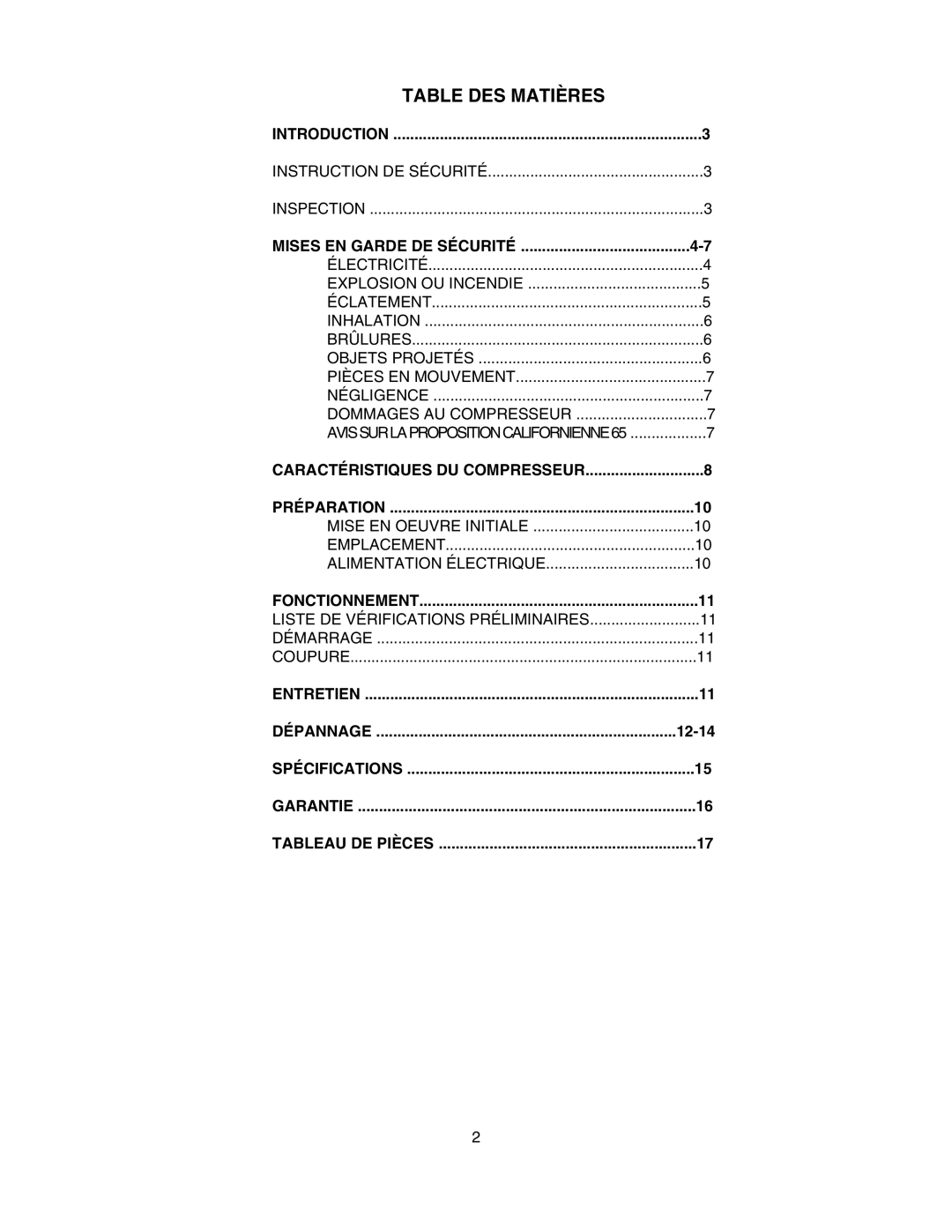 Senco PC1010 operating instructions Table DES Matières, Mises EN Garde DE Sécurité 