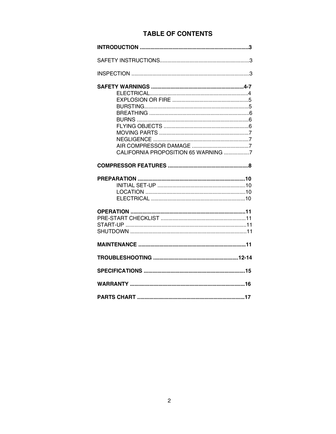 Senco PC1010 operating instructions Table of Contents 