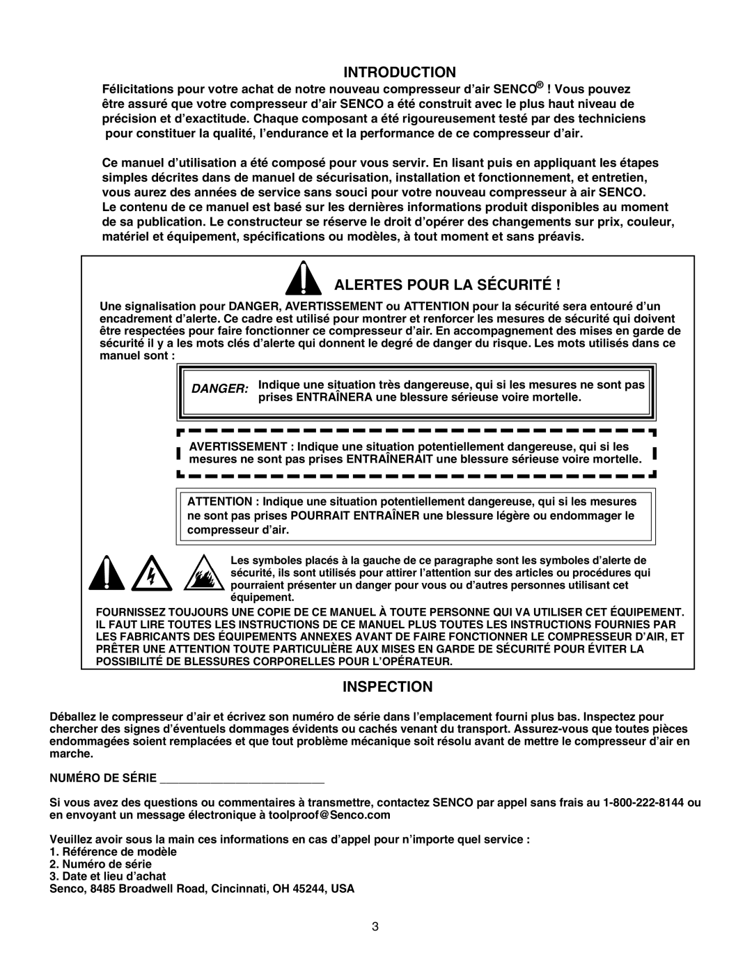 Senco PC1010 operating instructions Introduction, Alertes Pour LA Sécurité 