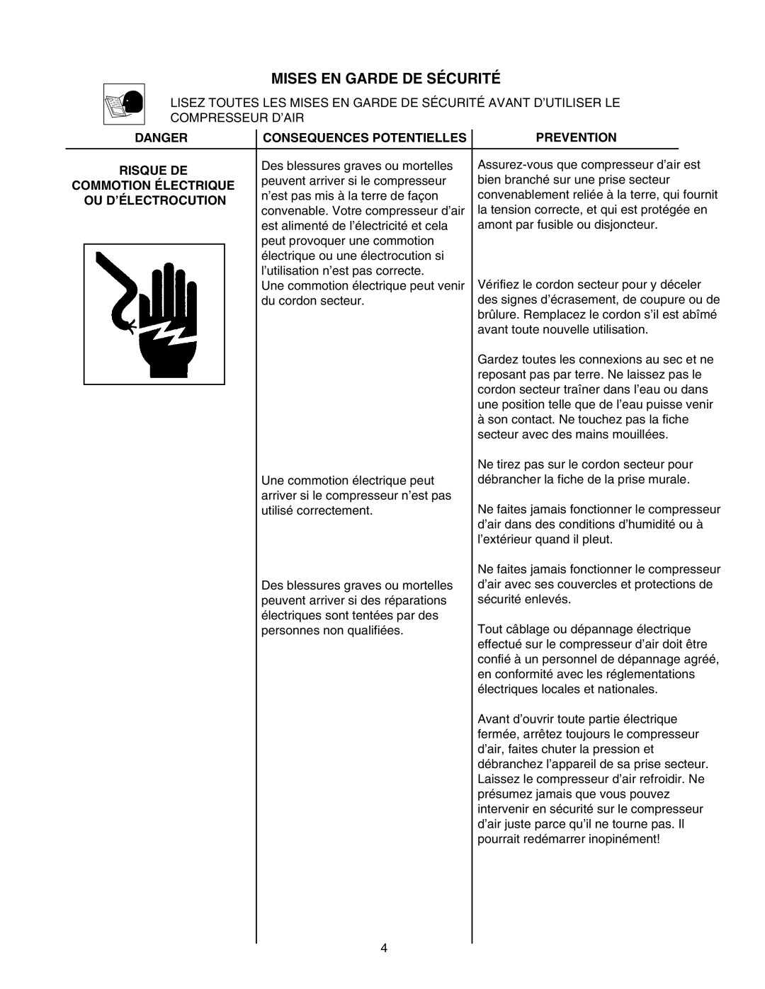 Senco PC1010 Mises EN Garde DE Sécurité, Consequences Potentielles Prevention Risque DE, Commotion Électrique 