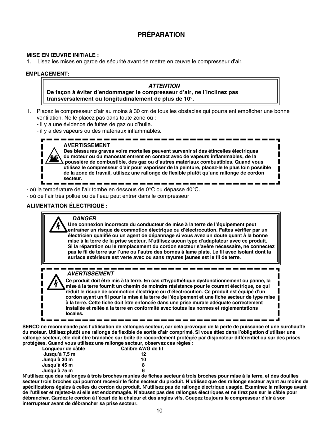 Senco PC1010 Préparation, Mise EN Œuvre Initiale, Emplacement, Avertissement, Alimentation Électrique 