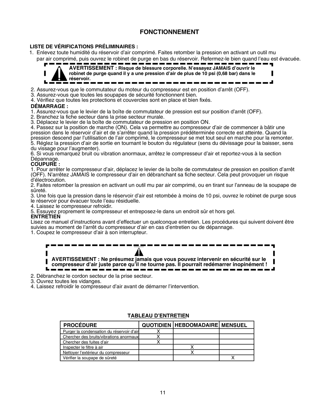 Senco PC1010 operating instructions Fonctionnement, Liste DE Vérifications Préliminaires, Démarrage, Coupure, Entretien 