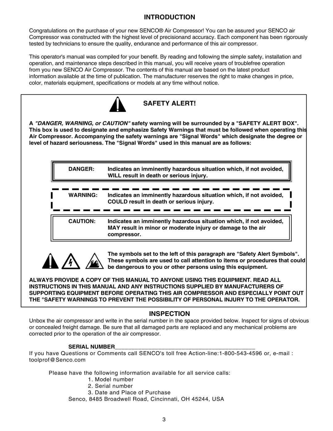 Senco PC1010 operating instructions Introduction, Safety Alert, Inspection 