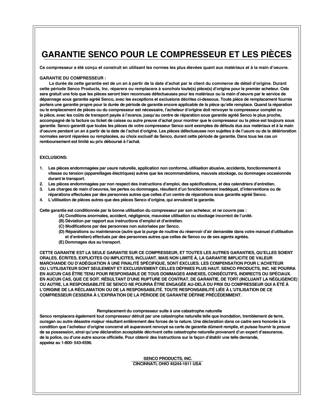 Senco PC1010 operating instructions Garantie Senco Pour LE Compresseur ET LES Pièces 