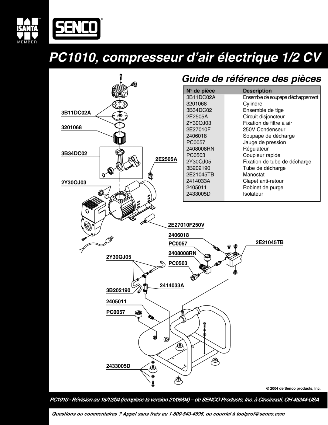 Senco operating instructions PC1010, compresseur d’air électrique 1/2 CV 