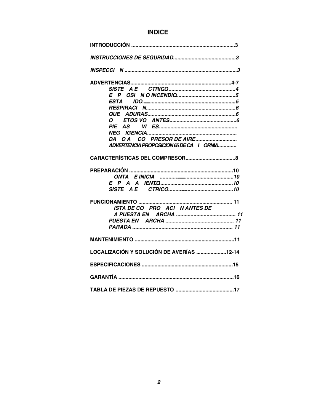 Senco PC1010 operating instructions Indice, Advertencias 