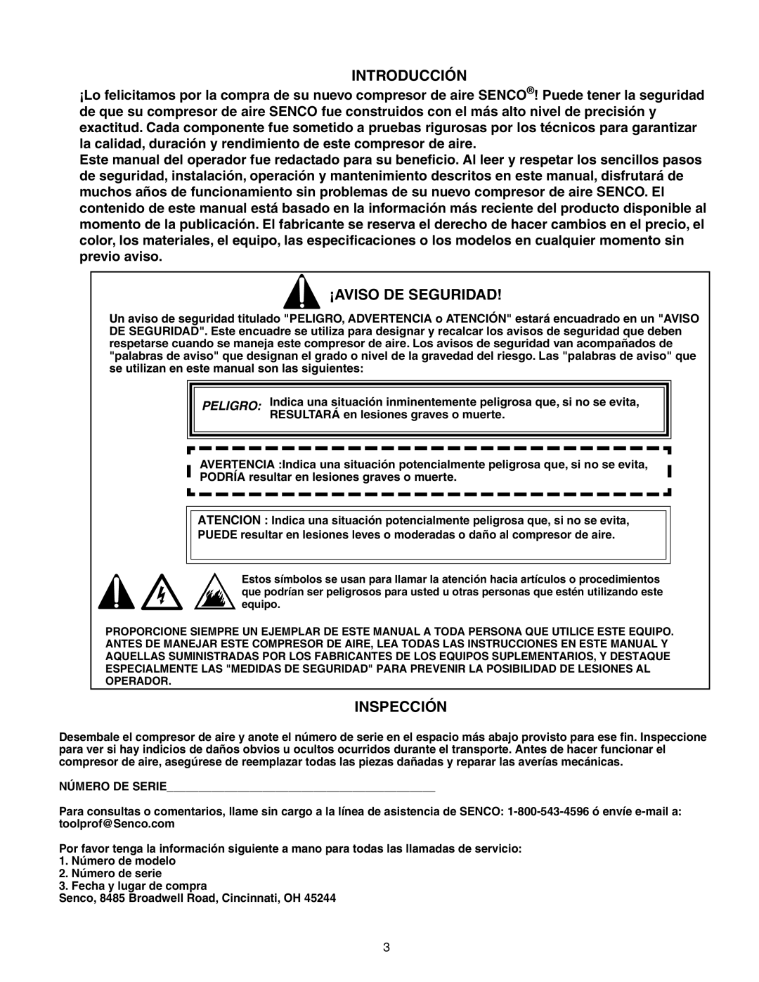 Senco PC1010 operating instructions Introducción, ¡AVISO DE Seguridad, Inspección 