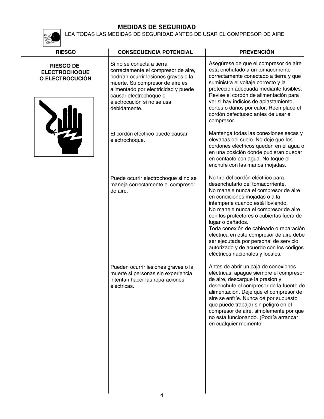 Senco PC1010 Medidas DE Seguridad, Riesgo Consecuencia Potencial Prevención Riesgo DE, Electrochoque, Electrocución 