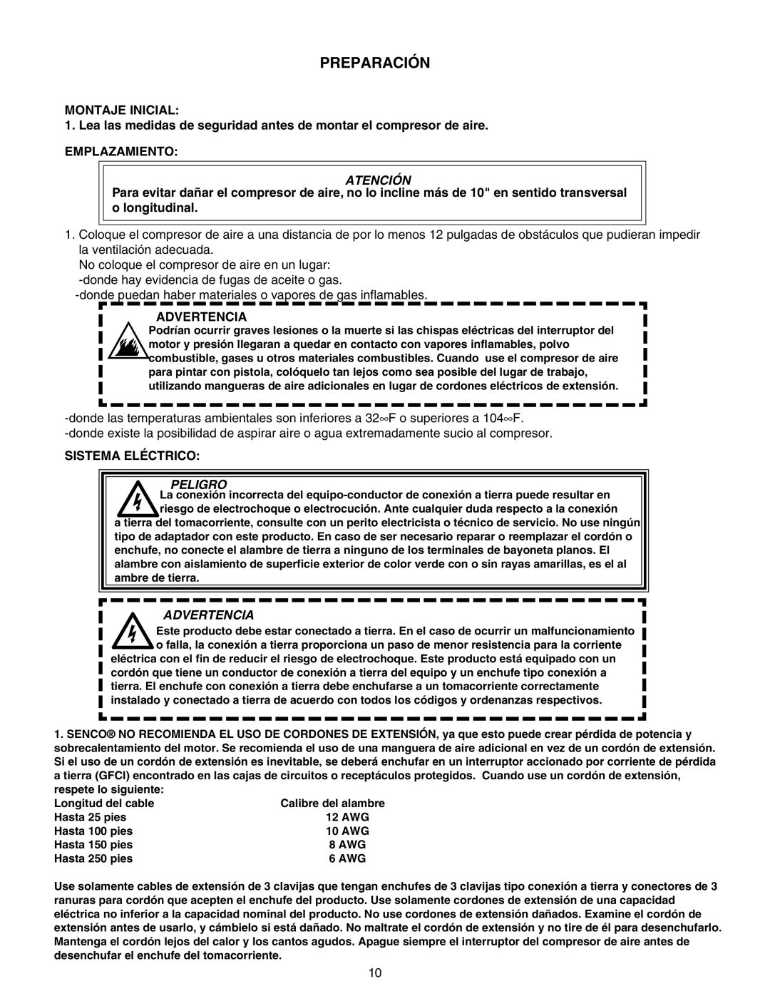 Senco PC1010 operating instructions Preparación, Montaje Inicial, Emplazamiento, Advertencia, Sistema Eléctrico 