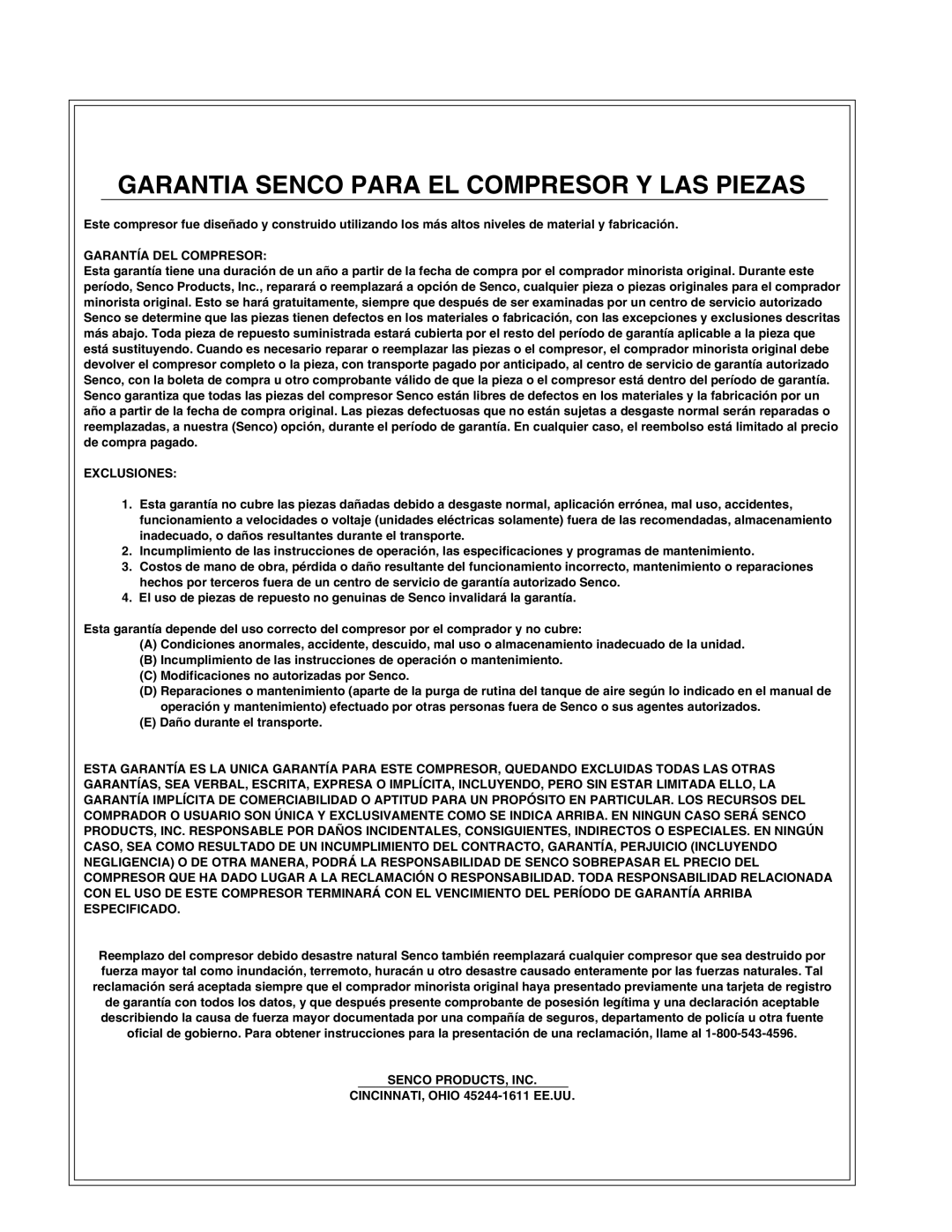 Senco PC1010 operating instructions Garantia Senco Para EL Compresor Y LAS Piezas 