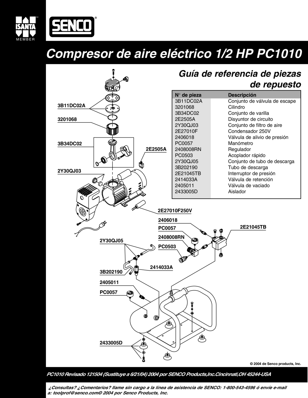 Senco operating instructions Compresor de aire eléctrico 1/2 HP PC1010 