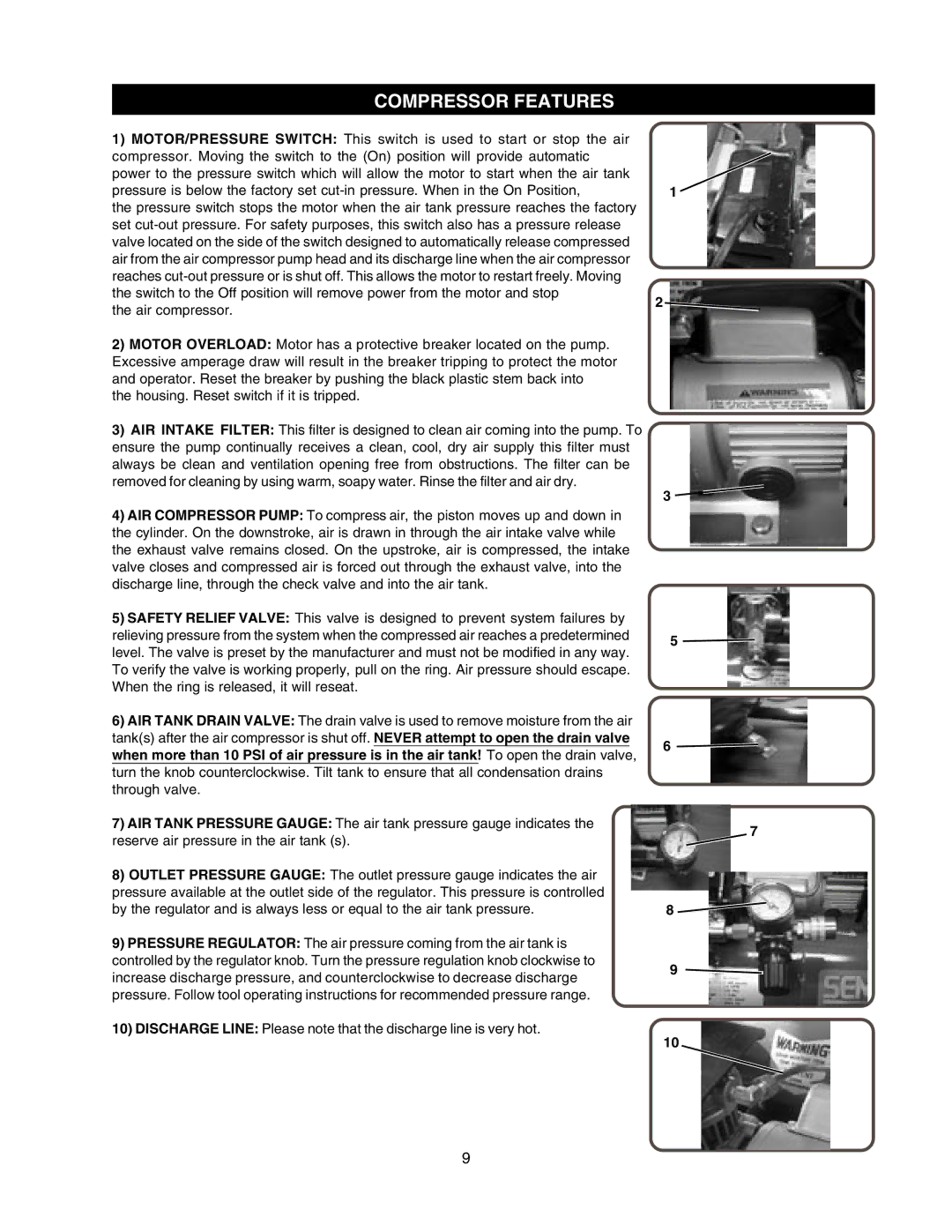 Senco PC1010 operating instructions Compressor Features 