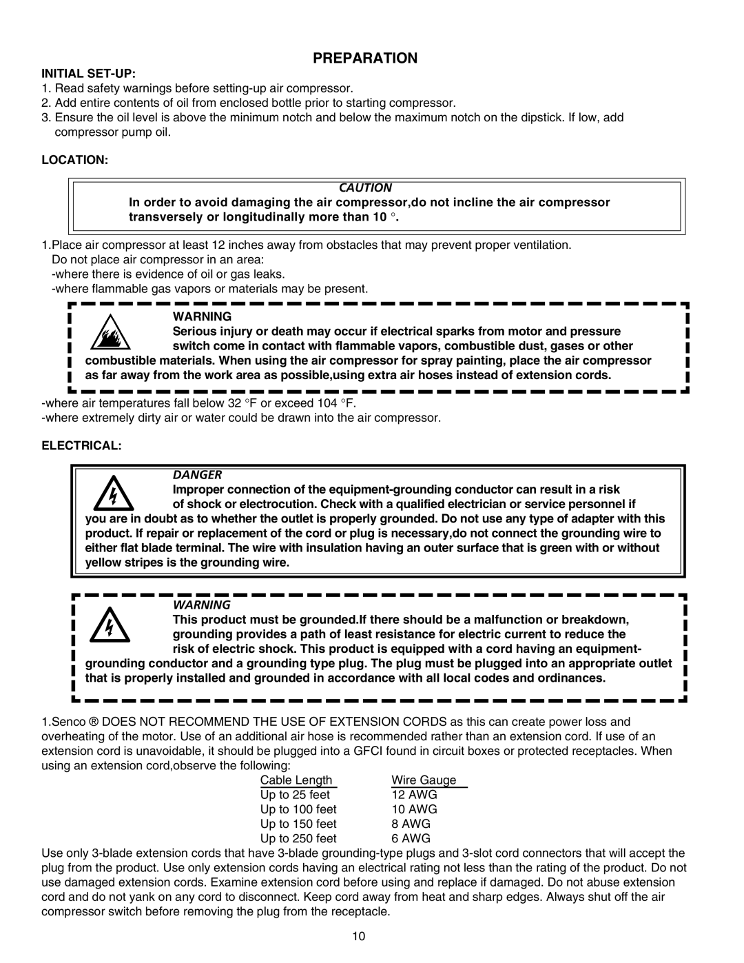 Senco PC1108 operating instructions Preparation, Initial SET-UP, Location, Electrical 