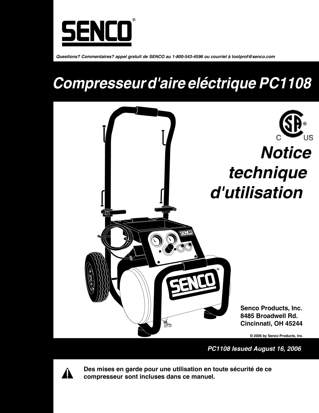 Senco operating instructions Compresseurdaire eléctrique PC1108 