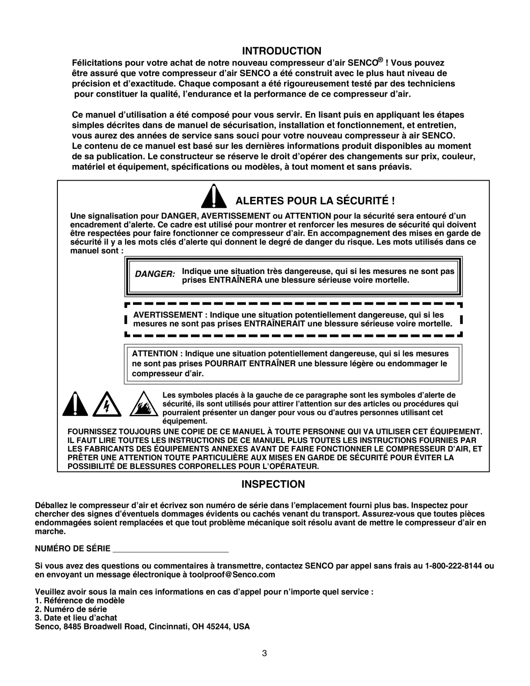 Senco PC1108 operating instructions Introduction, Alertes Pour LA Sécurité 