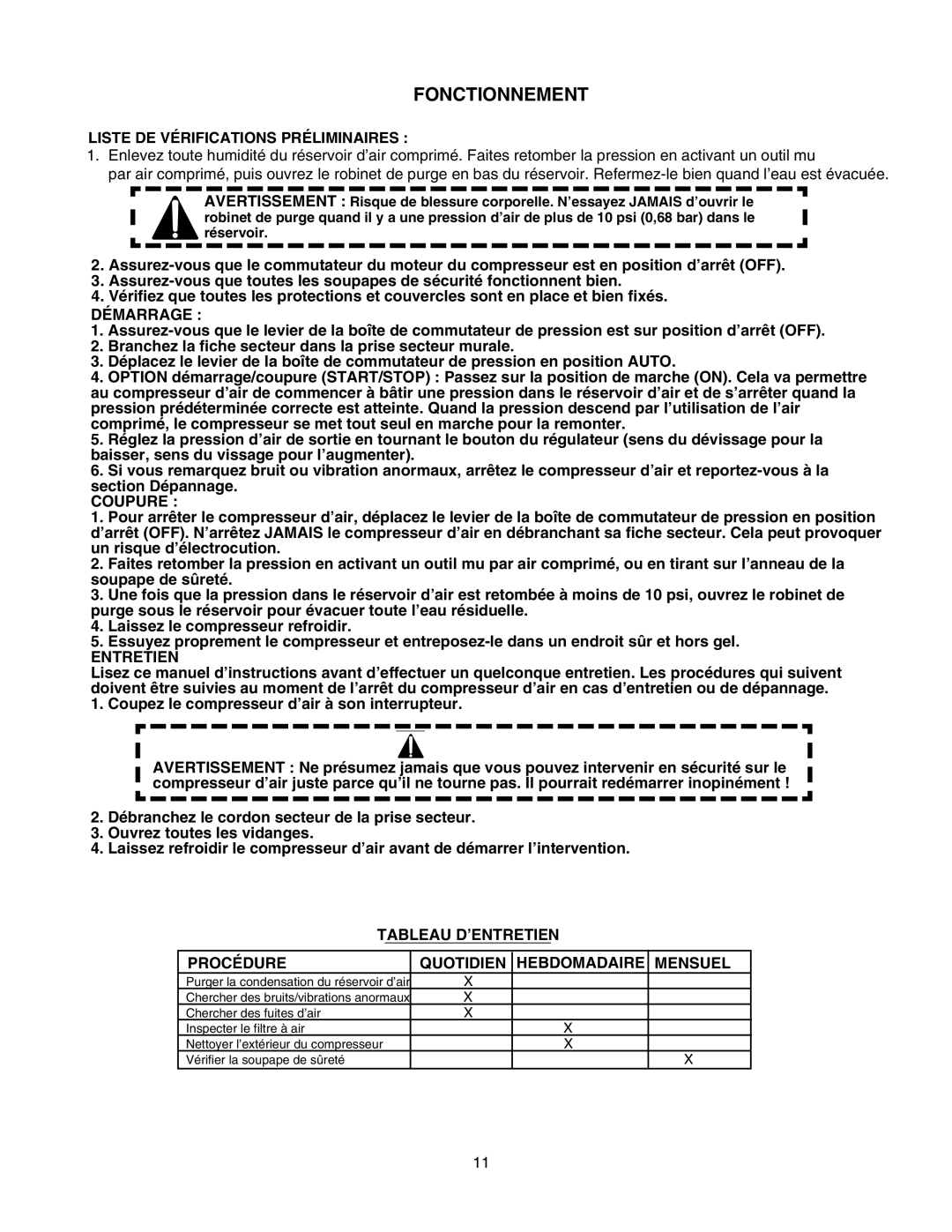 Senco PC1108 operating instructions Fonctionnement, Liste DE Vérifications Préliminaires, Démarrage, Coupure, Entretien 