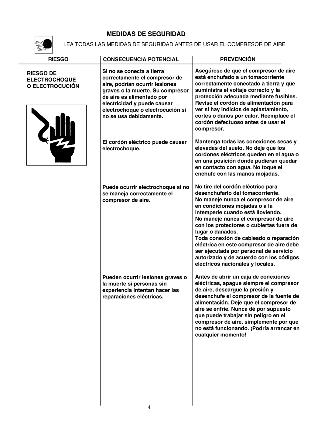 Senco PC1108 Medidas DE Seguridad, Riesgo Consecuencia Potencial Prevención Riesgo DE, Electrochoque, Electrocución 