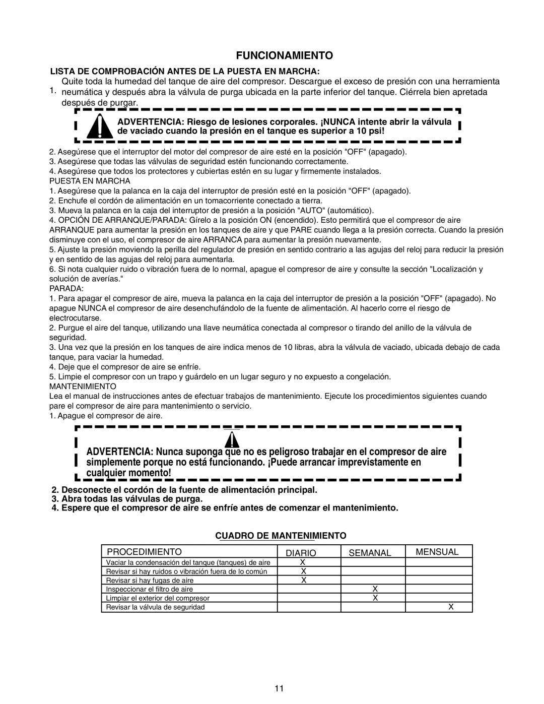 Senco PC1108 Funcionamiento, Lista DE Comprobación Antes DE LA Puesta EN Marcha, Cuadro DE Mantenimiento 