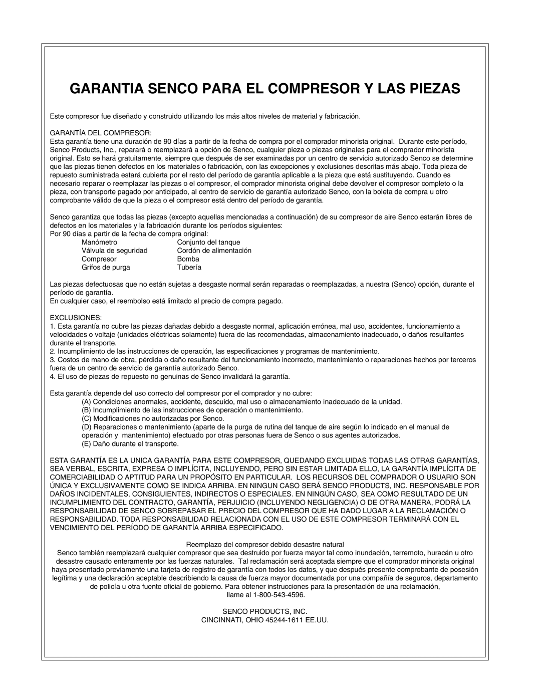 Senco PC1108 operating instructions Garantia Senco Para EL Compresor Y LAS Piezas 