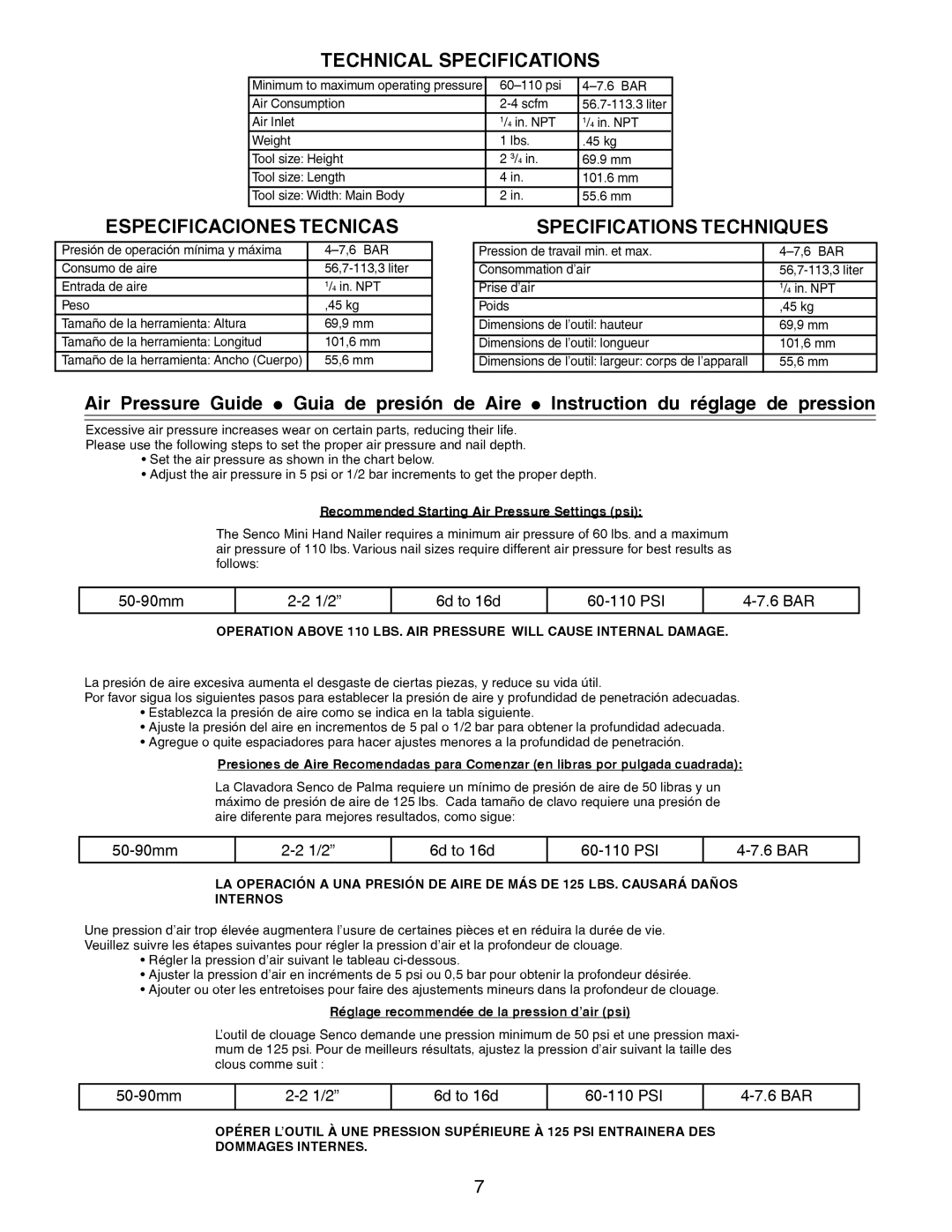 Senco PC1195 manual Recommended Starting Air Pressure Settings psi, Réglage recommendée de la pression d’air psi 