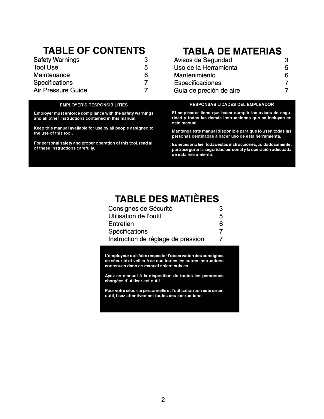 Senco PC1195 manual Table Of Contents, Table Des Matières, Tabla De Materias 