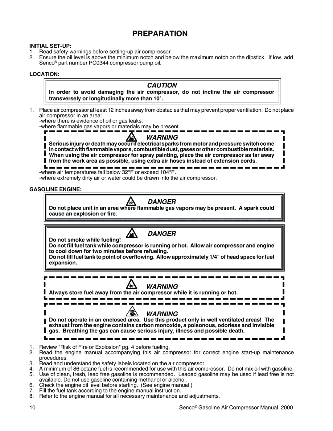 Senco PC2015 operating instructions Preparation, Initial SET-UP, Location, Gasoline Engine 