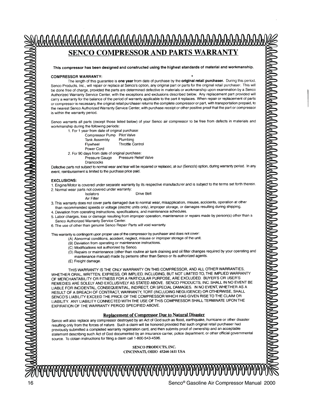 Senco PC2015 operating instructions Senco Gasoline Air Compressor Manual 