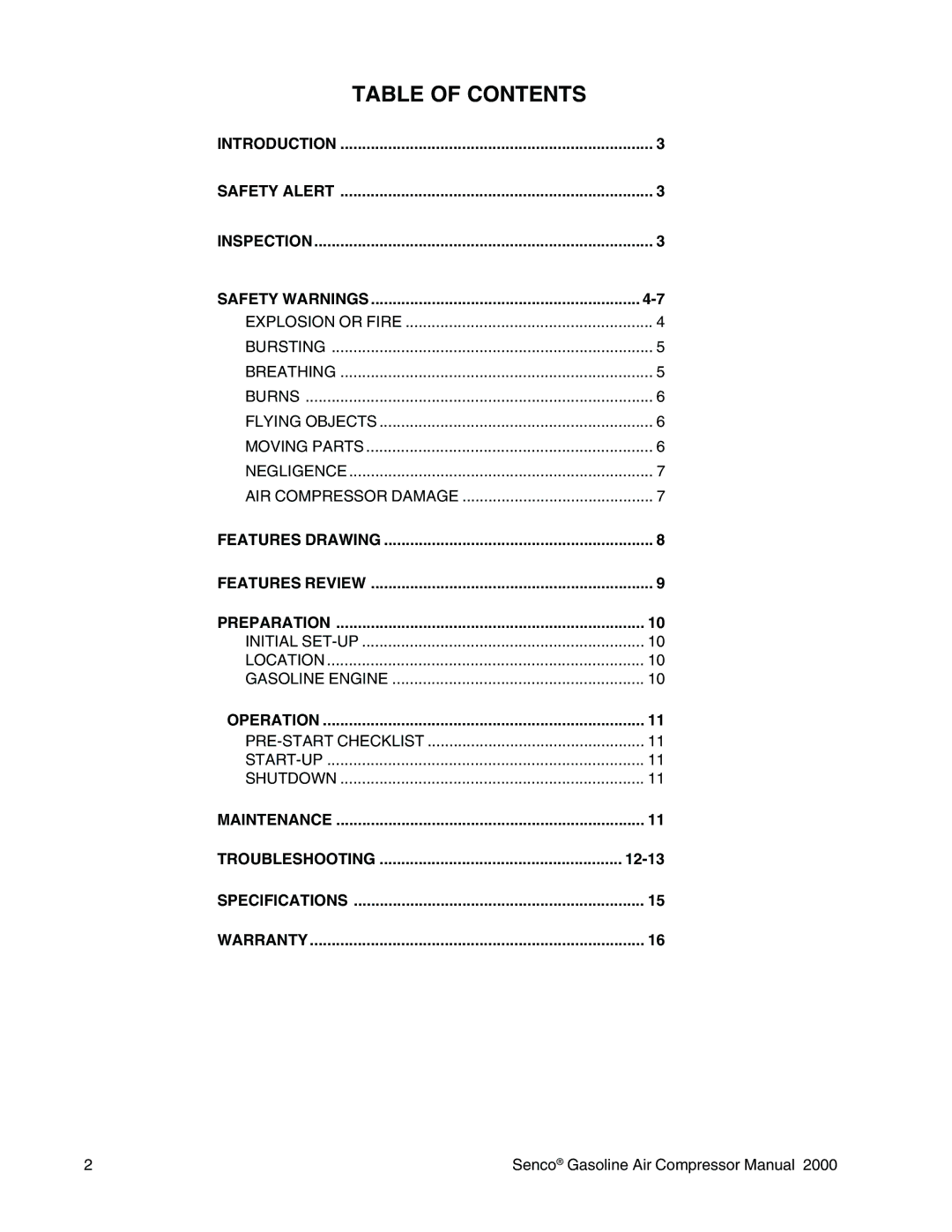 Senco PC2015 operating instructions Table of Contents 