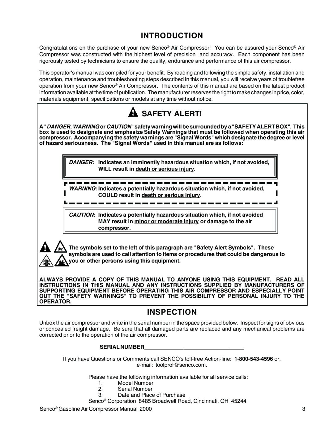 Senco PC2015 operating instructions Introduction, Safety Alert, Inspection 