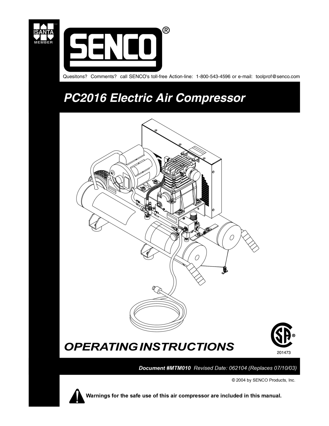 Senco operating instructions PC2016 Electric Air Compressor 