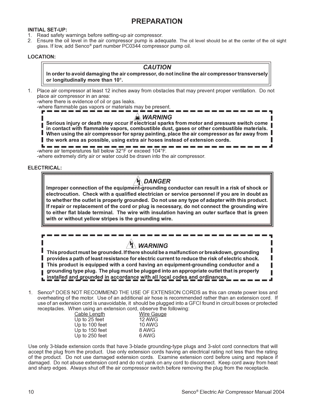 Senco PC2016 operating instructions Preparation, Initial SET-UP, Location, Electrical 