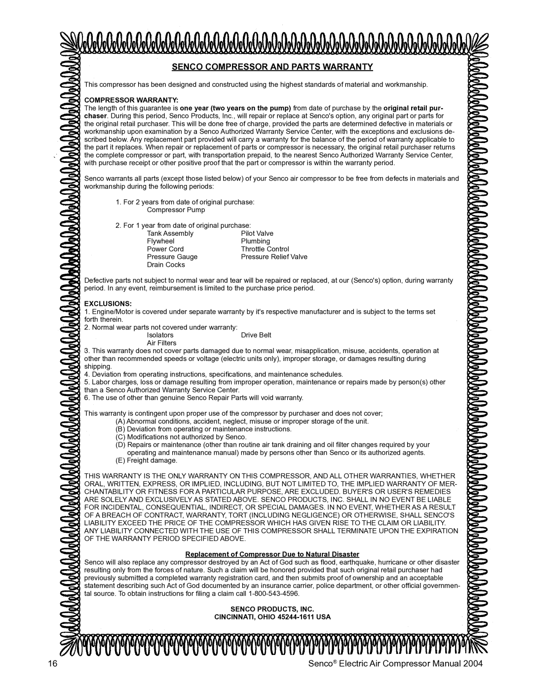 Senco PC2016 operating instructions Senco Compressor and Parts Warranty, Compressor Warranty 