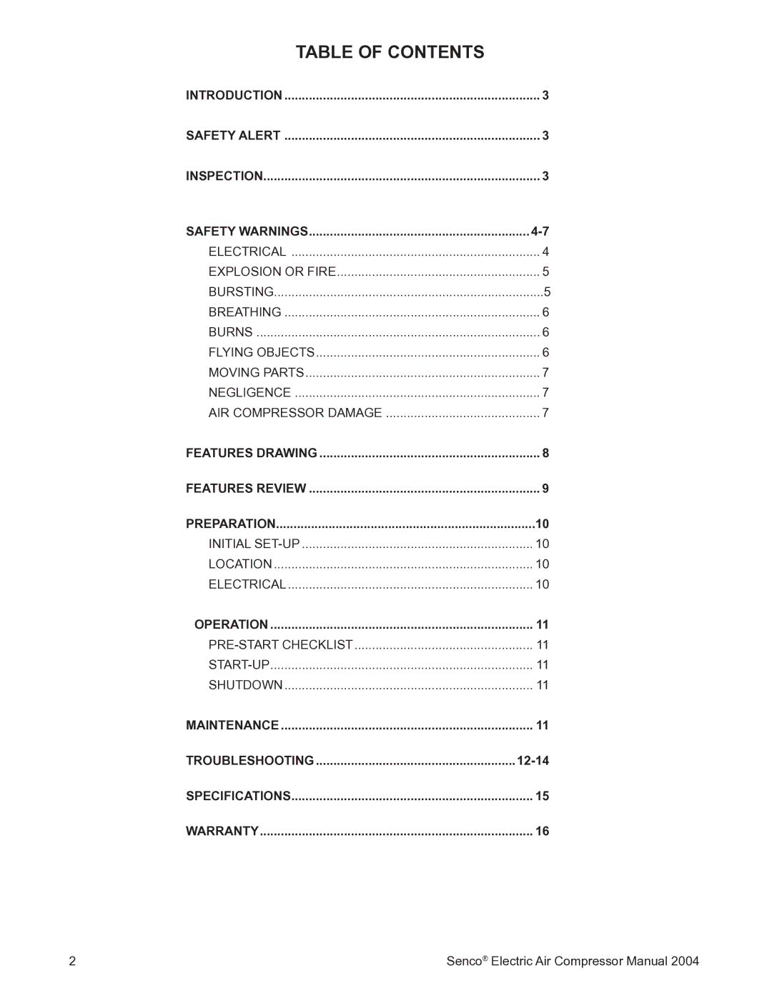 Senco PC2016 operating instructions Table of Contents 