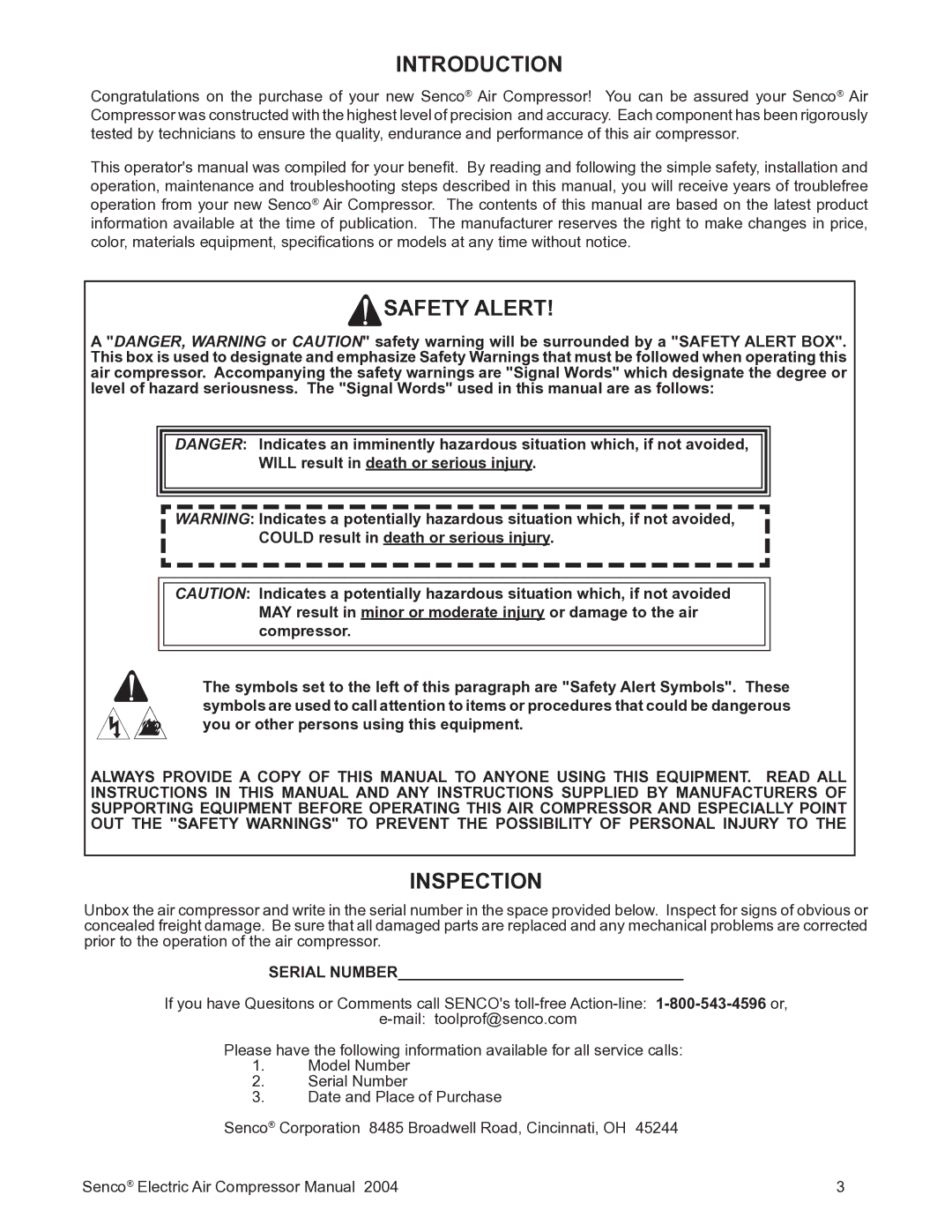 Senco PC2016 operating instructions Introduction, Safety Alert, Inspection 