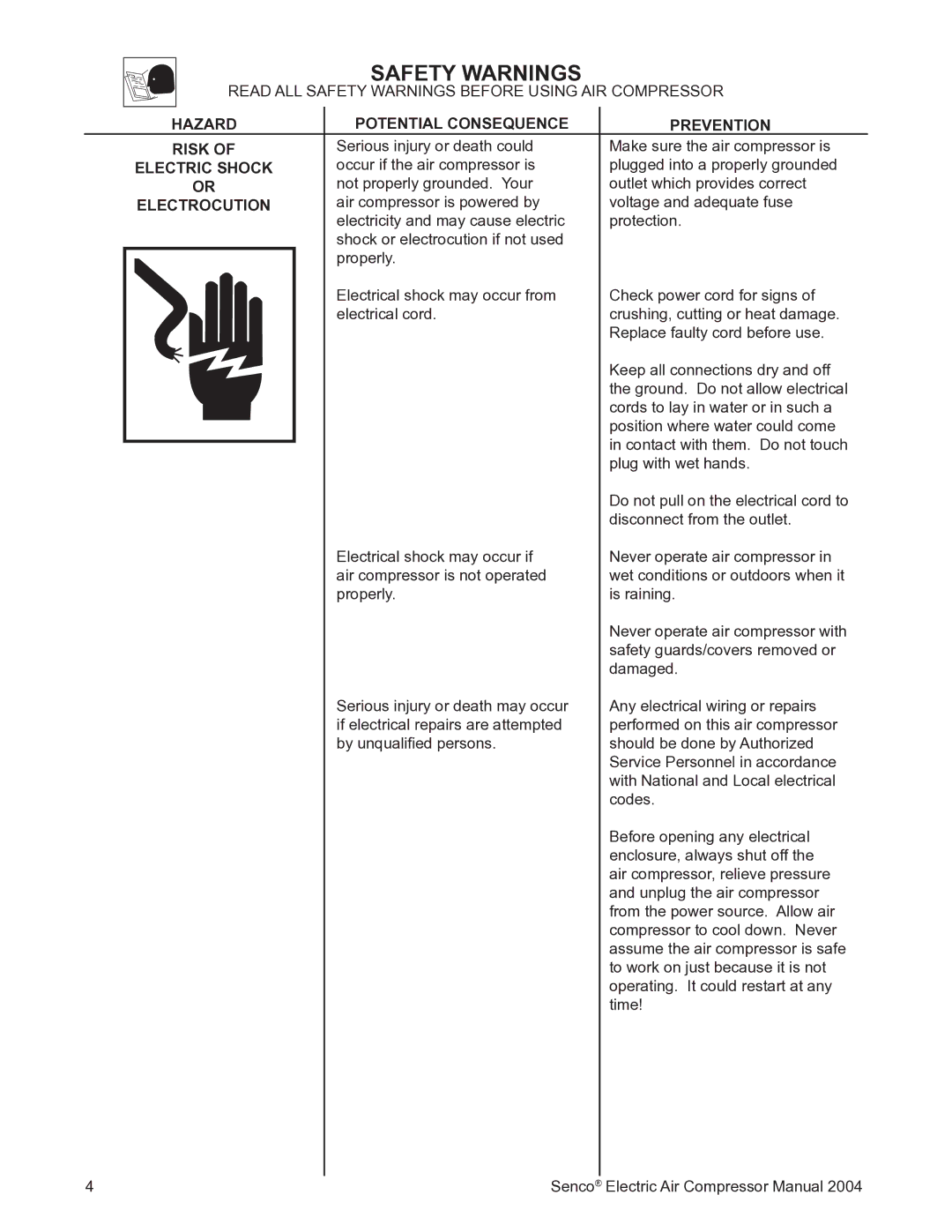 Senco PC2016 Safety Warnings, Hazard Potential Consequence Prevention Risk, Electric Shock, Electrocution 