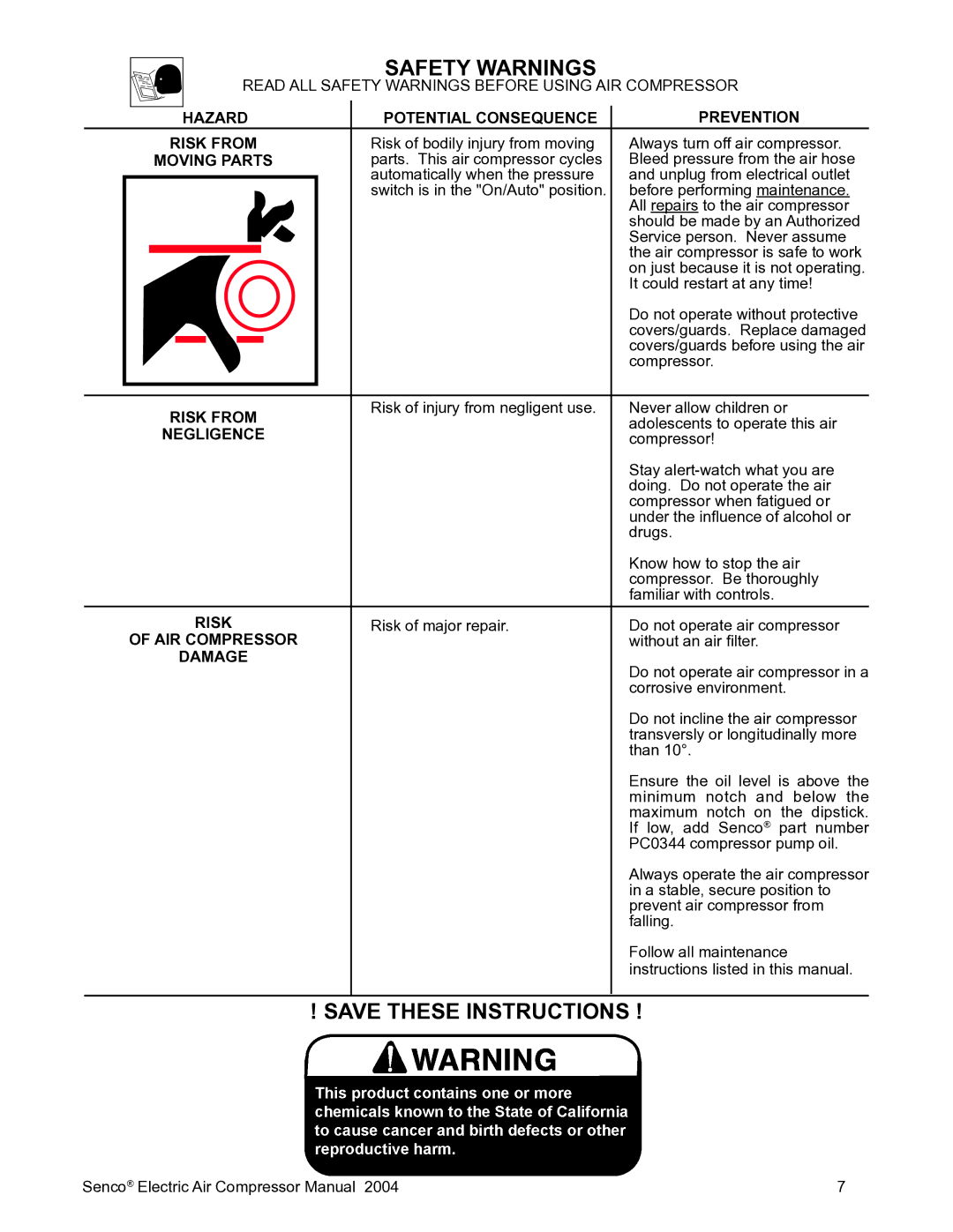 Senco PC2016 Potential Consequence Prevention Hazard Risk from, Moving Parts, Negligence, AIR Compressor, Damage 