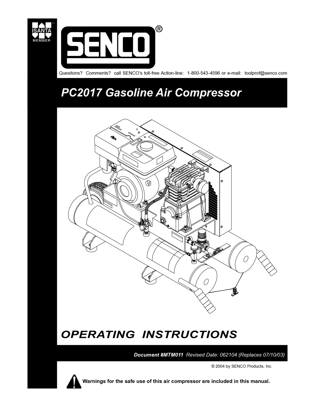 Senco operating instructions PC2017 Gasoline Air Compressor 