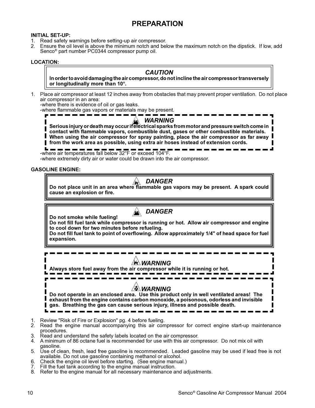 Senco PC2017 operating instructions Preparation, Initial SET-UP, Location, Gasoline Engine 