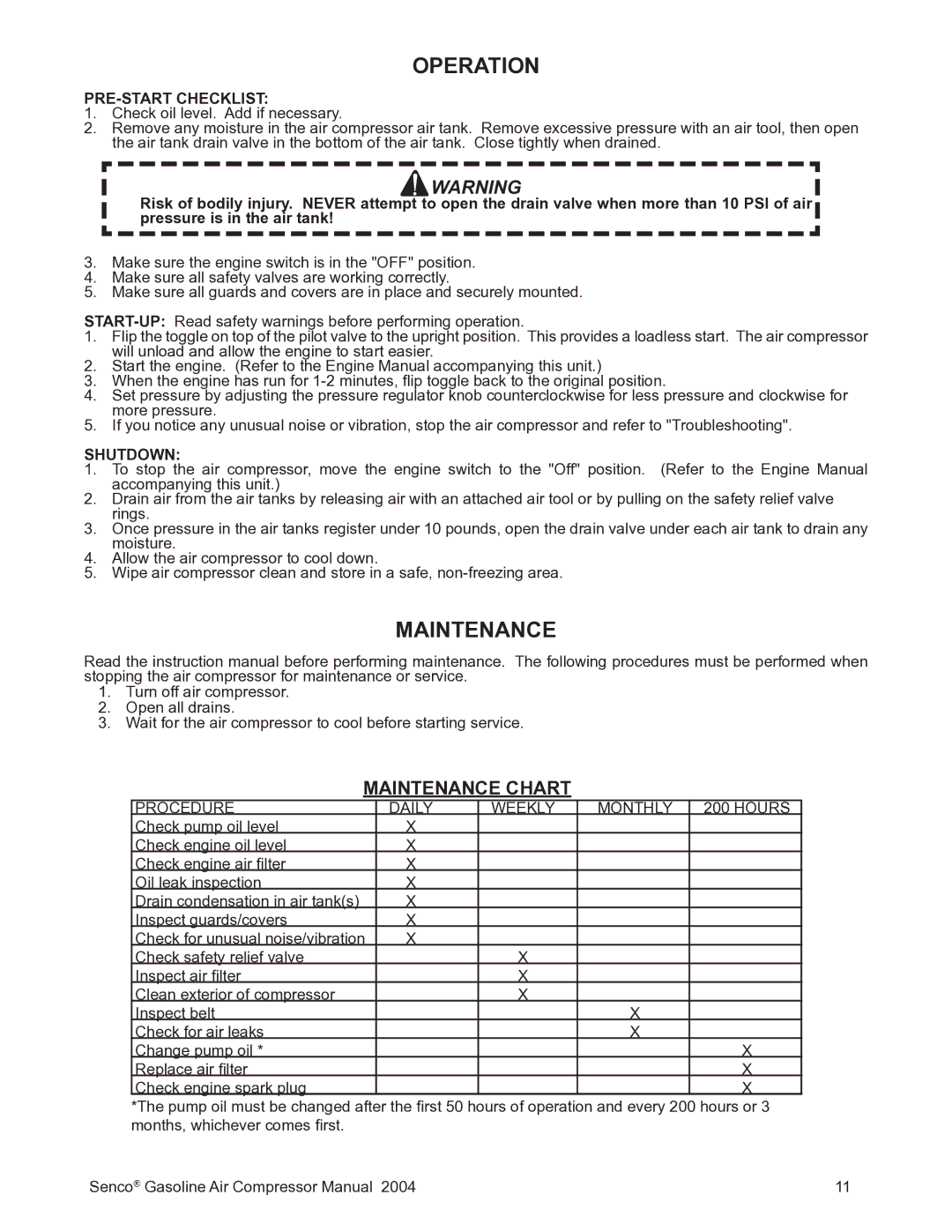 Senco PC2017 operating instructions Operation, Maintenance, PRE-START Checklist, Shutdown 