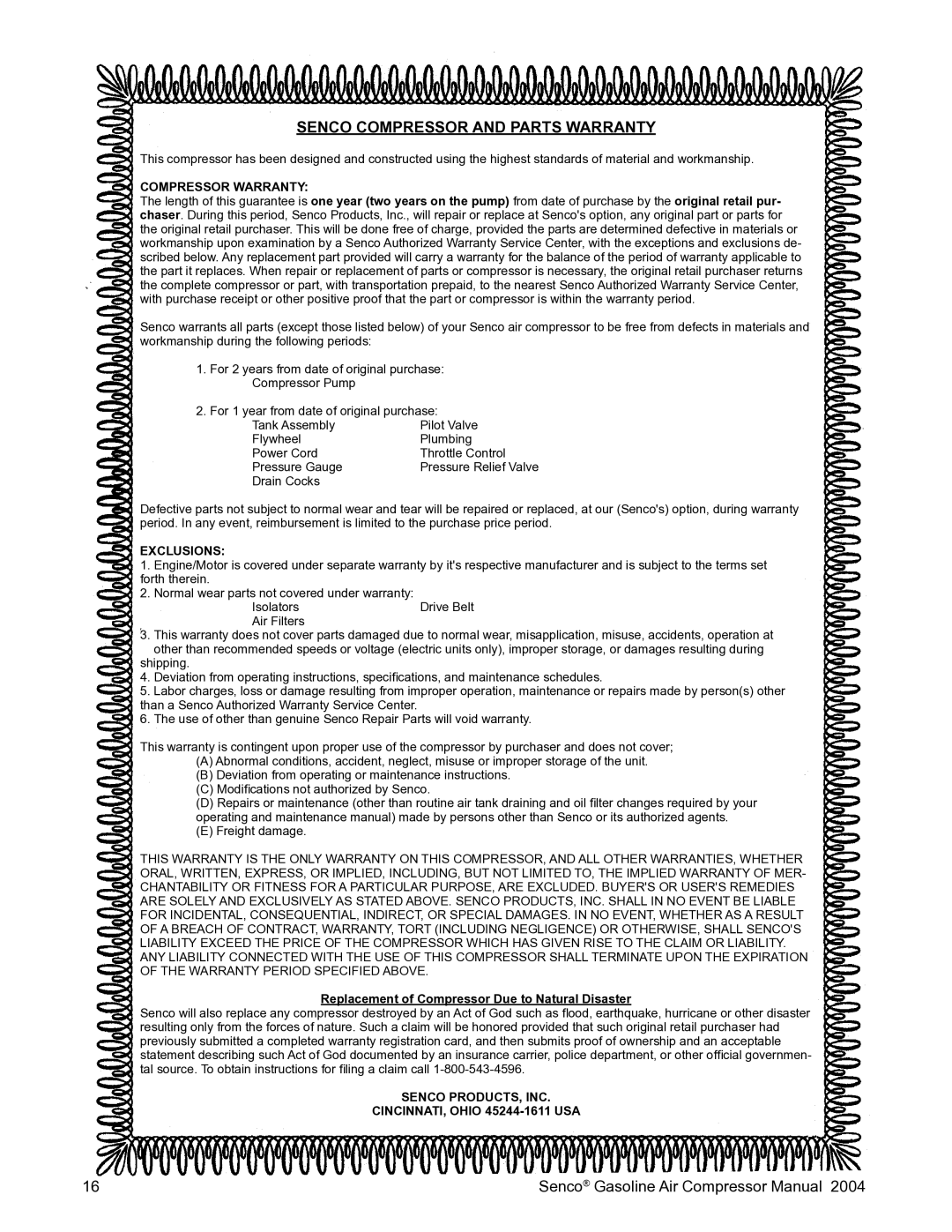 Senco PC2017 operating instructions Senco Compressor and Parts Warranty, Compressor Warranty 