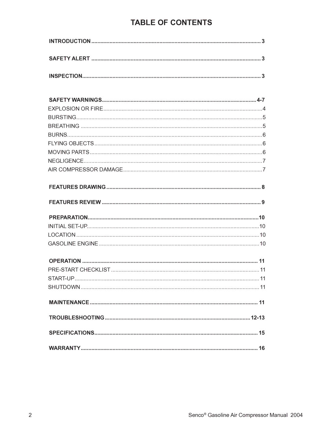 Senco PC2017 operating instructions Table of Contents 