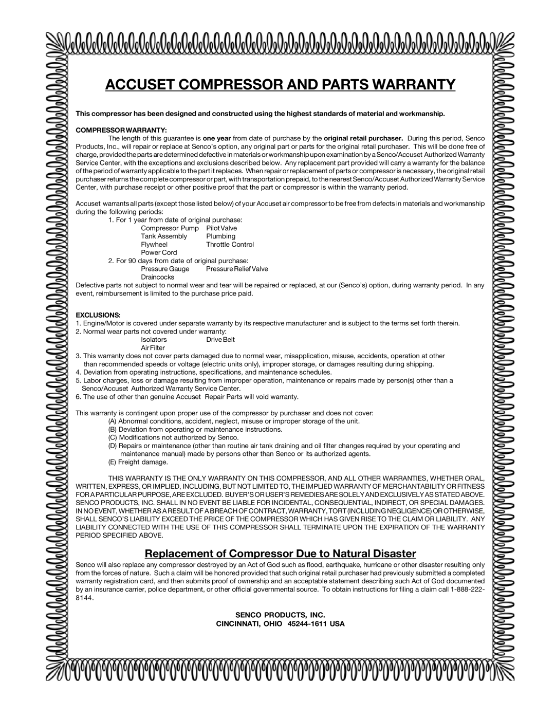 Senco PC2053-1 owner manual Accuset Compressor and Parts Warranty, Replacement of Compressor Due to Natural Disaster 