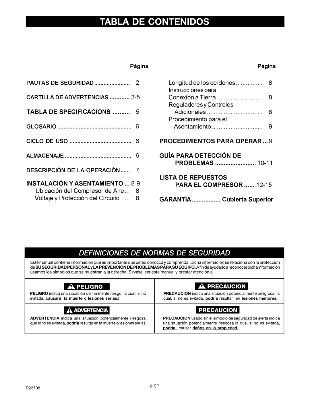 Senco PC2053-1 owner manual Tabla DE Contenidos 