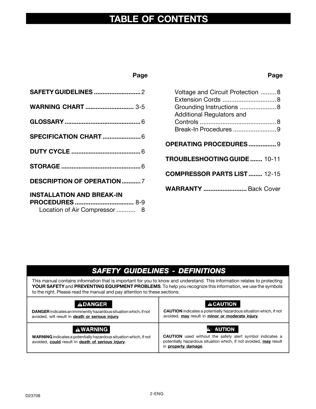 Senco PC2053-1 owner manual Table of Contents 